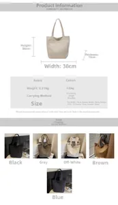 Detailed dimension guide for the large canvas tote bag showing five color options