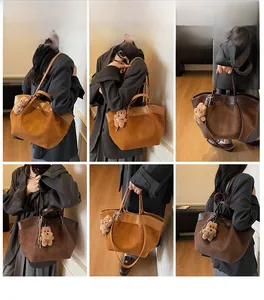 Collage of brown suede and leather tote bag styled with teddy bear charm accessory