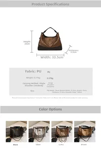 Size guide for diamond quilted tote bag showing dimensions, PU material, and 4 color options