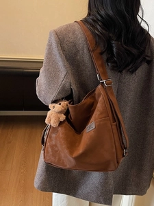 Caramel brown vintage large capacity shoulder bag for women with plush bear charm