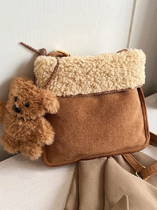 Women Sweet Suede Plush Patchwork Crossbody Bag With Bear Pendant Autumn Winter Small Square Shoulder Bag For Girls Daily