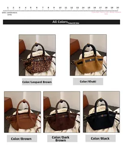 Detail view of five matte leopard print tote bags with metal buckles and adjustable straps