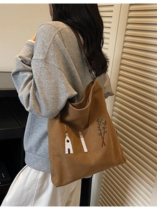 Vintage embroidered canvas tote bag with church pattern and leather shoulder strap