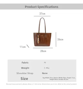 Size guide for vintage brown PU leather tote bag with precise product dimensions