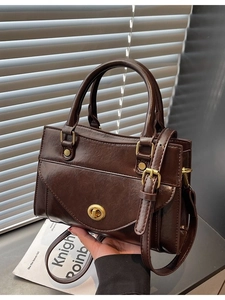Retro dark brown square handbag with gold ring lock and adjustable shoulder strap
