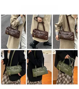 Detailed views of vintage faux leather tote bag with unique gold key charm and buckles