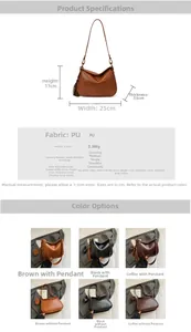 Detailed size specifications and material chart for the stylish PU leather square bag