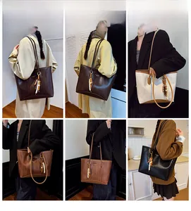 Detailed grid view showing large tote bags in four colors with beaded tassel charms
