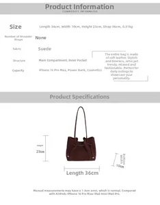 Detail specifications of a burgundy suede tote bag showing dimensions 36x10x23cm and capacity