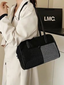 Handmade knot rhinestone shoulder bag with black and white geometric grid pattern