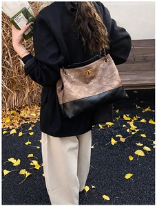 Detail view of two-tone quilted chain bag with gold twist lock in autumn setting