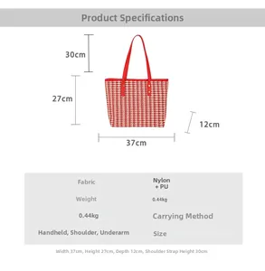 Size chart for red plaid tote bag with dimensions 37x27x12cm and fabric details