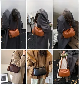 Detailed views of vintage PU leather shoulder bag with decorative tassels in three colors