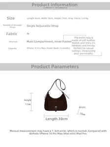 Size chart for vintage underarm bag showing dimensions 30x10x17cm and adjustable strap detail