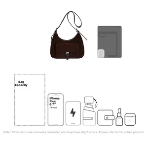 Detail showing high-capacity brown suede underarm bag with phone size comparison