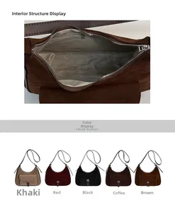 Detail view showing interior zipper pocket and five available colors of the suede tote bag