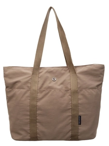 Minimalist khaki large capacity tote bag with dual shoulder straps and metal logo