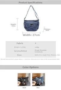 Detail showing denim crossbody bag dimensions 27x19x10cm with side pocket features