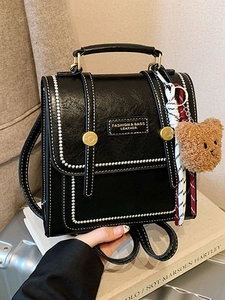 Women Vintage PU Leather Backpack Fashion Contrast Stitching Small School Bag Travel Handbag With Bear Keychain Retro Bag