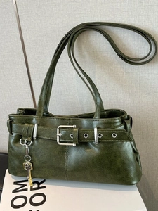 Women Retro PU Leather Underarm Bag Large Capacity Solid Color Shoulder Bag With Belt Buckle Design Key Pendant Handbag