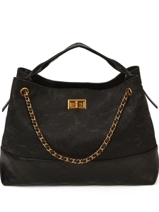 Classic black quilted leather shoulder bag with gold metal clasp and chain strap on white background