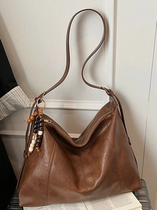 Vintage Large PU Leather Tote Bag For Women Minimalist Hobo Shoulder Bag With Wood Bead Tassel Bohemian Style Work Daily Bag
