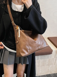 Vintage dark brown PU leather tote bag with colorful wooden beads and adjustable strap