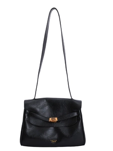 Elegant black leather tote bag with gold metal twist lock and shoulder straps