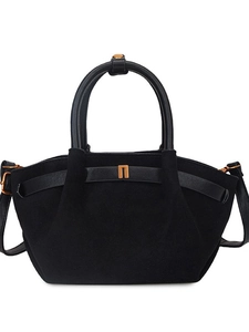 Frosted black suede handbag with leather handles and golden metal buckle details