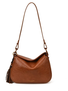 Vintage brown leather crossbody pillow bag with tassel and logo for women