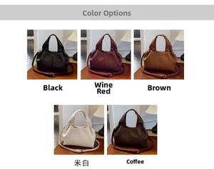 Detailed view of women's pleated bucket bags in black, burgundy, brown, and cream colors
