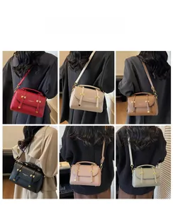 Detailed view of six stylish cross-body bags in various colors on models with gold hardware