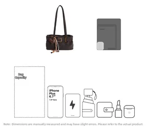 Detail view of large capacity brown suede shoulder bag with size comparison and item icons