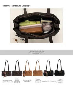 Interior view showing the large capacity and storage of the retro faux suede tote bag