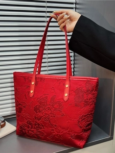 Women's Large Capacity Tote Bag Retro PU Wool-like Fabric Houndstooth Embossed Floral Shoulder Bag For Wedding Daily Use