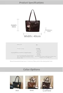 Detailed size chart for the large PU leather tote bag with three color options