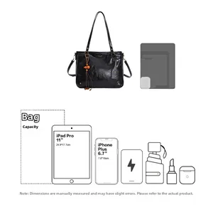 Detail showing the large capacity of a black glossy tote bag with daily essentials inside