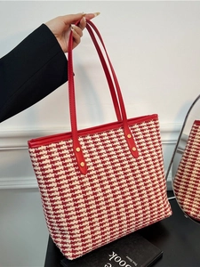 Red tweed tote bag with faux leather straps and gold stud details for elegant women