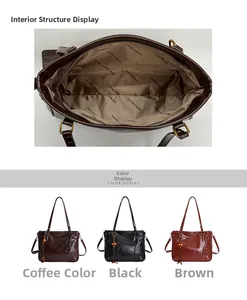 Detail view of large tote bags in coffee, black, and brown with a zipped inner compartment