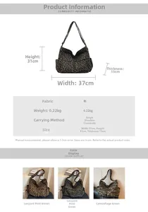 Size chart showing large leopard canvas tote bag dimensions 37x31x15cm with weight specs
