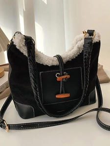 Women Plush Hobo Bag Faux Lamb Wool Trim Vintage Contrast Color Commuter Shoulder Crossbody Bag With Wooden Button