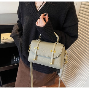 Close-up of pale grey lychee pattern leather handbag with gold buckle and fashion text