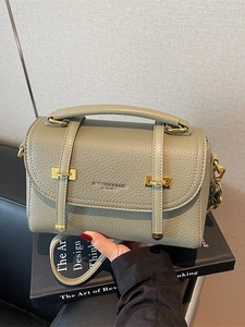 Olive green vintage satchel bag in lychee texture leather with gold hardware buckle