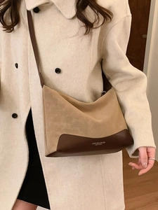 Retro khaki crossbody shoulder bag for women with contrast brown leather trim and large capacity
