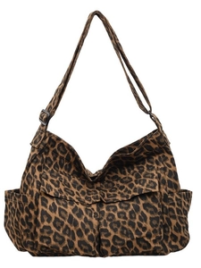 Sac bandoulière classique en toile à imprimé léopard avec grande capacité et sangle noire