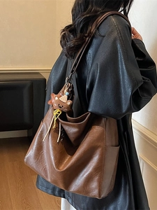 Retro brown leather large hobo bag for women with cute plush bear charm decoration