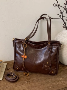 Vintage Large Capacity PU Leather Tote Bag For Women Retro Commuting Crossbody Bag With Gourd Pendant Shoulder Handbag
