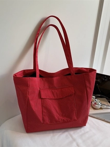 Large red checkered canvas tote bag with front pocket for daily commute and casual use