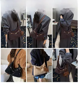 Collage of large capacity suede tote bags in brown and black on models in street scenes