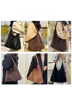 Collage of model carrying leopard print tote bag in plush velvet fabric from various angles